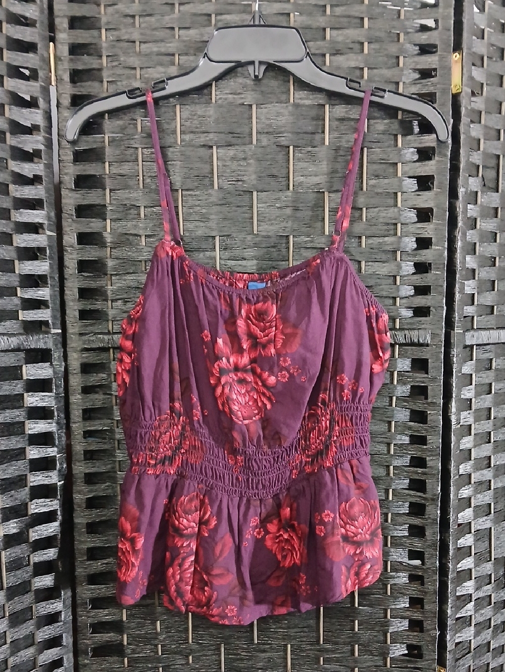 Old Navy Floral Smocked Waist Cami Burgandy Red Womens SZ L